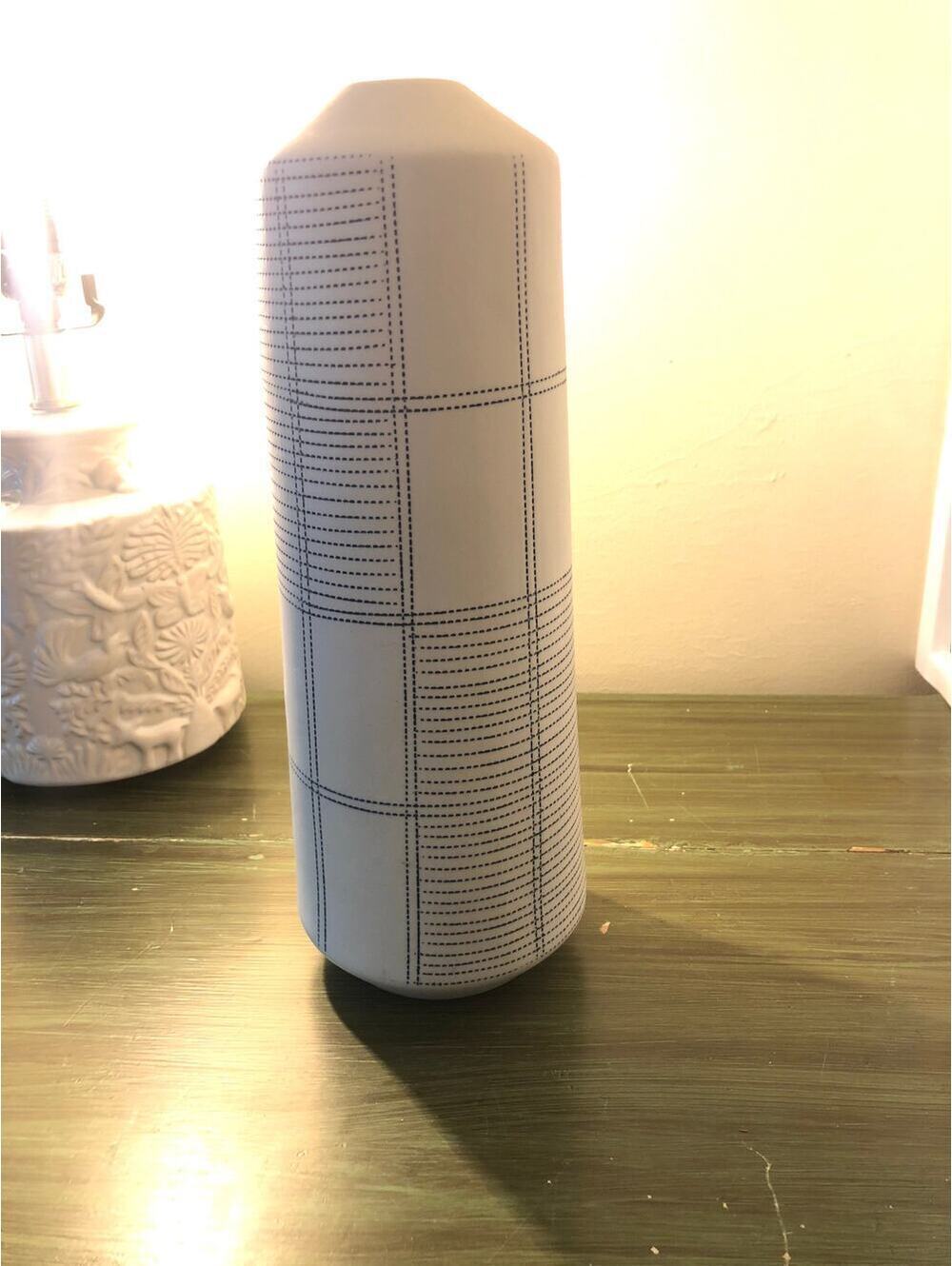 CB2 EUC Tall Light Blue Ceramic Vase with Darker Blue Accent Lines 12"